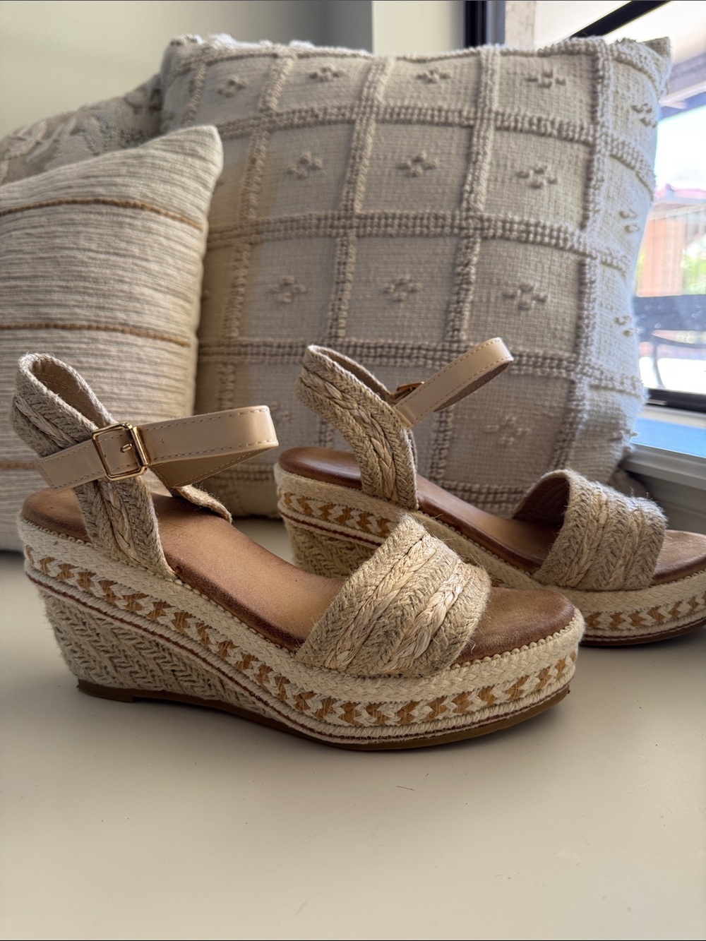 Neutral Braided Espadrille Wedge Sandals - Beige - Shibever